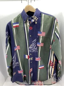 Nautica Shirt Men Medium Green Stripe Long Sleeve Button Sailing Flags VTG 1990s - Picture 1 of 14