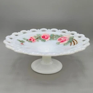 Vintage weiß Milchglas Standfuß Obstschale, handbemalte Blumen, 11" breit - Bild 1 von 9