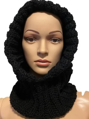 Ganchillo Hecho a Mano Mujer’s Capucha Sombrero Pixie Scoodie Negro Foto 1 de 4