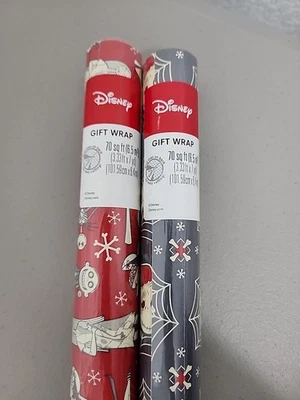 2 Rolls Disney's Nightmare Before Christmas Wrapping Paper Jack Sally Red Grey - Image 1 of 4