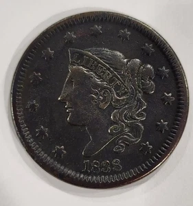 1838 Coronet Head Large Cent Almost Uncirculated AU Coin, Beautiful Coin - Picture 1 of 2