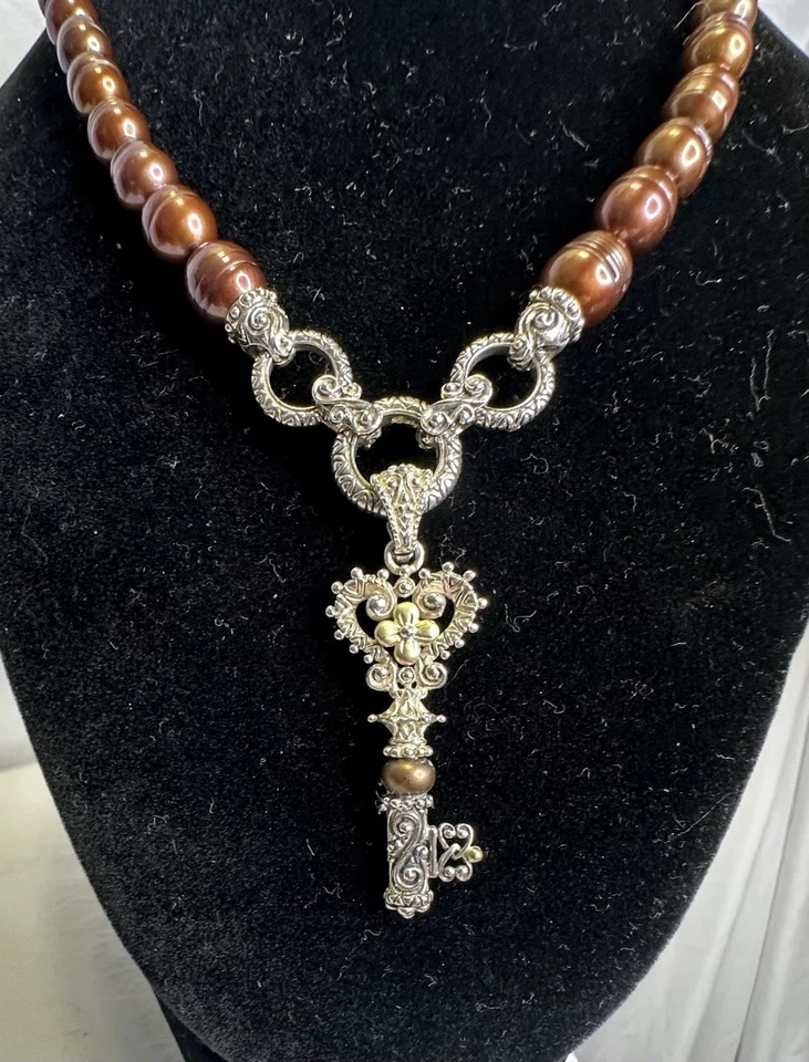 BARBARA BIXBY 纯银 18k 金铜色珍珠钥匙吊坠项链 — 第 1/4 张图片