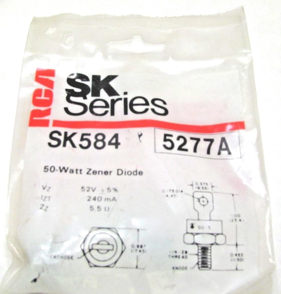 52伏50瓦Zener二极管-±5%公差-DO-5-RCA SK584 NTE5277A — 第 1/1 张图片