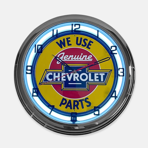 18" We Use Genuine Chevrolet Parts Metal Sign Designed White Neon Clock Cover