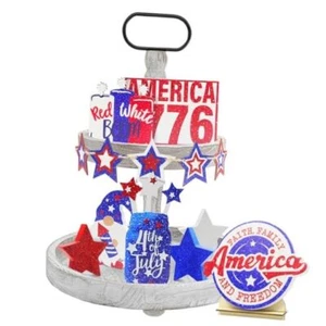 13 Pcs 4th of July Tiered Tray Decor, Patriotic Wooden Independence Day Tiered - Picture 1 of 8