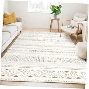 Large Living Room Area Rug 5x7: Soft Machine Washable 5' x 7' Light Brown/Cream - Picture 1 of 7
