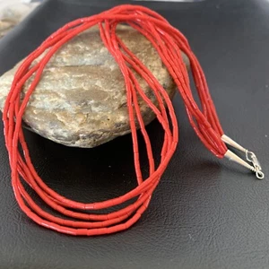 Red Coral Stabilized Heishi 5 Strand Sterling Silver Necklace 20” 2207 - Picture 1 of 12