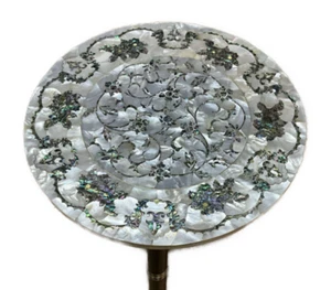 Handmade Wooden End Table Carving Wood Table Home Decor Mother of Pearl Inlay - Picture 1 of 15