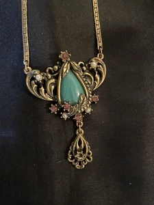 Antique Victorian Revival Necklace - Faux Jade, Pearl & Ruby- 1940’s - 50’s - Picture 1 of 9