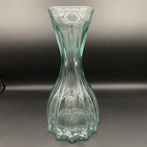 Glass Vase - Thick Heavy Aqua Ribbed Bottle - Coastal Beach Decor - Picture 1 of 8