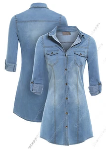 Größe 8 10 12 14 neu Damen Stretch Denim Hemd Kleid Damen Jeans Oberteil Blau - Bild 1 von 4