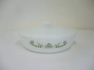 Vintage unmarkiert Glas Backen weiß & grün Blumen Auflaufform mit weißem Deckel - Bild 1 von 12