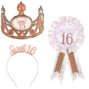 16th Birthday Tiara, Headband & Ribbon - Sweet 16 Birthday Rose Gold Pink White - Picture 1 of 13