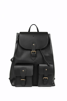 Mochila Mochila de Cuero Negra con Cordón - Bolsa de Viaje con Doble Bolsillos Frontales Foto 1 de 2