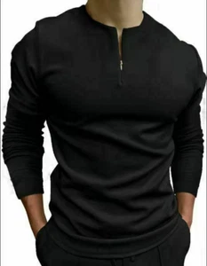 Polo Shirt Men Casual Zipper Collar Black Long Sleeve Golf Collarless Tee Tshirt - Picture 1 of 5