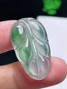 Perfect High Icy Glassy Translucent Green Jadeite Jade Leaf Pendant【Grade A】0427