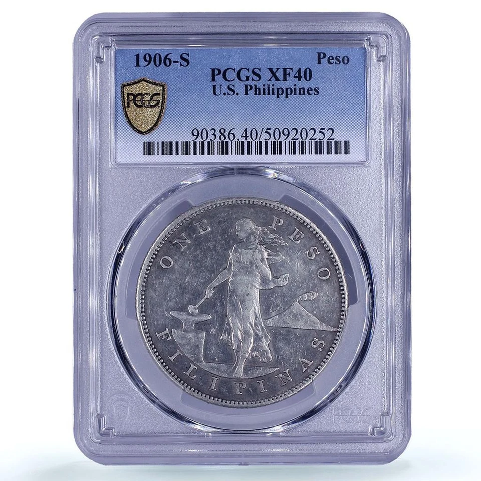 Серебряная монета Филиппины 1 песо США десятичная чеканка большой тип XF40 PCGS 1906 S - Изображение 1 из 4