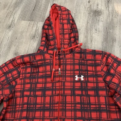 UNDER ARMOUR Hoodie Mens Size Large Loose Red Black Plaid Full Zip Sweatshirt - Image 1 of 4