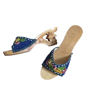 Vintage Hand Carved Wood Heels Beaded Sandals Wedge Women’s 8 - Picture 1 of 6