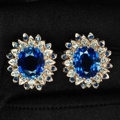 令人惊叹的生动蓝色蓝宝石 9.75 925 纯银玫瑰金花卉耳环 — 第 1/4 张图片