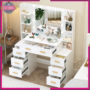 Vanity Desk with Large Lighted Mirror, 55.1" Makeup Vanity Table with 7 Drawers - Picture 1 of 9