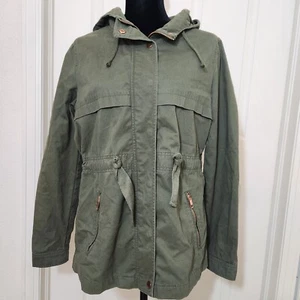 St Johns Bay Women's Military Jacket Med Olive Green Gold Zipper Anorak Hooded - Picture 1 of 6