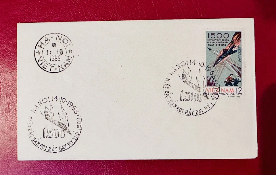 Sello FDC de Vietnam del Norte 1966 1500 aviones estadounidenses derribados con fecha Foto 1 de 2