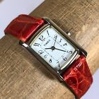 Timex Womens Tank Style Watch Silver Tone Case Red Leather Band
