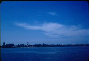 2 vtg 35mm red border slides 1955 approaching Milwaukee skyline view from ship - Picture 1 of 2
