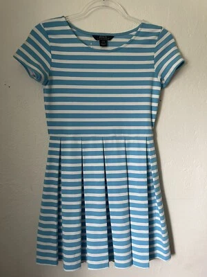 Polo Ralph Lauren 连衣裙女孩 L 12 14 条纹白色蓝色褶饰  — 第 1/3 张图片