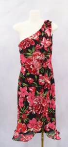CDC Women's Sz 6 One-Shoulder Roses Black Blush Side Tie Ruffle Midi Dress Y2k - Picture 1 of 8