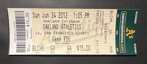 Boleto de los Gigantes de San Francisco vs Atléticos de Oakland 2012 24/06/12 - ¡¡Como nuevo!!! - Imagen 1 de 2