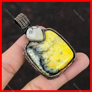 Yellow Dendrite Opal Stone Rainbow Moonstone Copper Wire Wrapped Mother Pendant - Picture 1 of 6