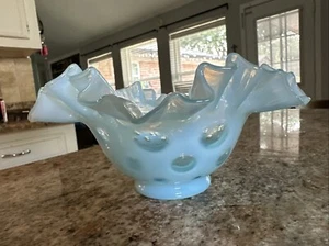 Vintage Fenton Blue Opalescent Glass Bowl w/ Coin Dot Pattern - Picture 1 of 5
