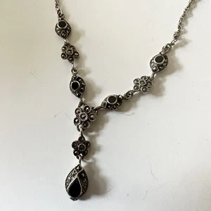Vintage Black Onyx Marcasite Art Deco Sterling Silver Necklace Marked 925 - Picture 1 of 7