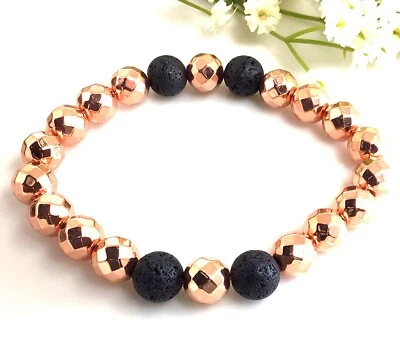 Pulsera oro rosa hematita facetada y lava cuentas redondas piedras preciosas curativas Foto 1 de 4
