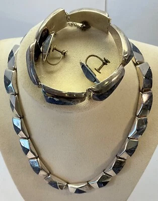 Mexico MME Vtg Sterling Silver & Lapis  Eagle Mark Earring/Bracelet/Necklace Set — 第 1/4 张图片
