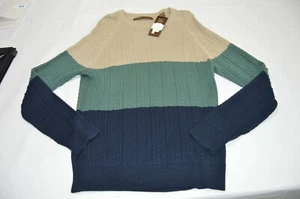 Perry Ellis Men's Cable Knitted Sweater Striped Beige Pullover Blue Large NWT - Picture 1 of 6