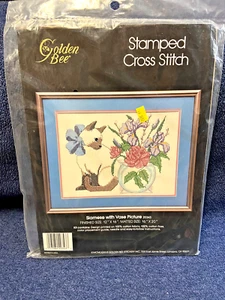Cross Stitch Kit Siamese Cat with Flower Vase, Golden Bee #2034, 12" x 16" - Picture 1 of 4