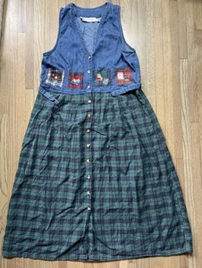 Abito vintage donna M blu verde quadri flanella senza maniche scuola insegnante bibliotecario - Foto 1 di 10