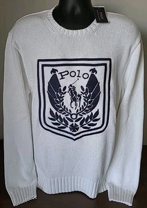 Suéter tejido Polo Ralph Lauren para hombre con escudo con logotipo grande, blanco, talla XL - Imagen 1 de 7