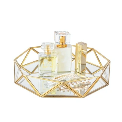 Gold Glass Perfume Tray Mirror Vanity Jewelry Trinket Organizer Tray Ornate C... - Image 1 of 4