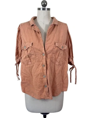 Camisa Free People con botones para mujer grandes bolsillos de lino manga hinchada utilitaria Foto 1 de 4