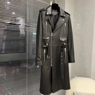 Black Lambskin Leather Biker Coat Womens Long Zipper Moto Jacket XS-5XL Custom - Image 1 of 4