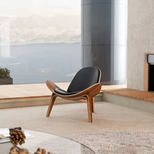 Mid Century Modern Shell Chair Classic Accent Lounge Chair Leather Home Chair - Picture 1 of 16