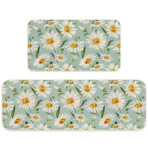 Daisy Flower Kitchen Mat Set of 2 Watercolor Non-Slip Farmhouse Rugs 17x29+17x47 - Picture 1 of 7