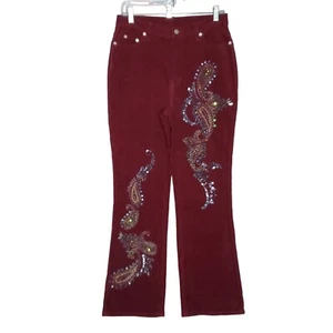 Paisley Beaded Embellished Bootcut Corduroy Pants 12W High Waisted Mom Red - Picture 1 of 5