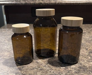 Amber Glass Storage Container Screw Lid Jars with Wooden Lids - Set of 3 - New - Picture 1 of 24