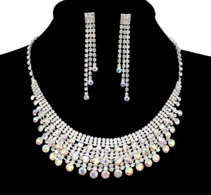 Collana orecchini cristallo strass AB set gioielli matrimonio sposa ballo festa - Foto 1 di 3