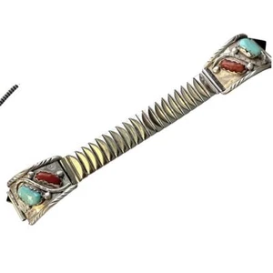 Signed Vance Cheama Zuni Turquoise Coral Watch Tip Band - Picture 1 of 3
